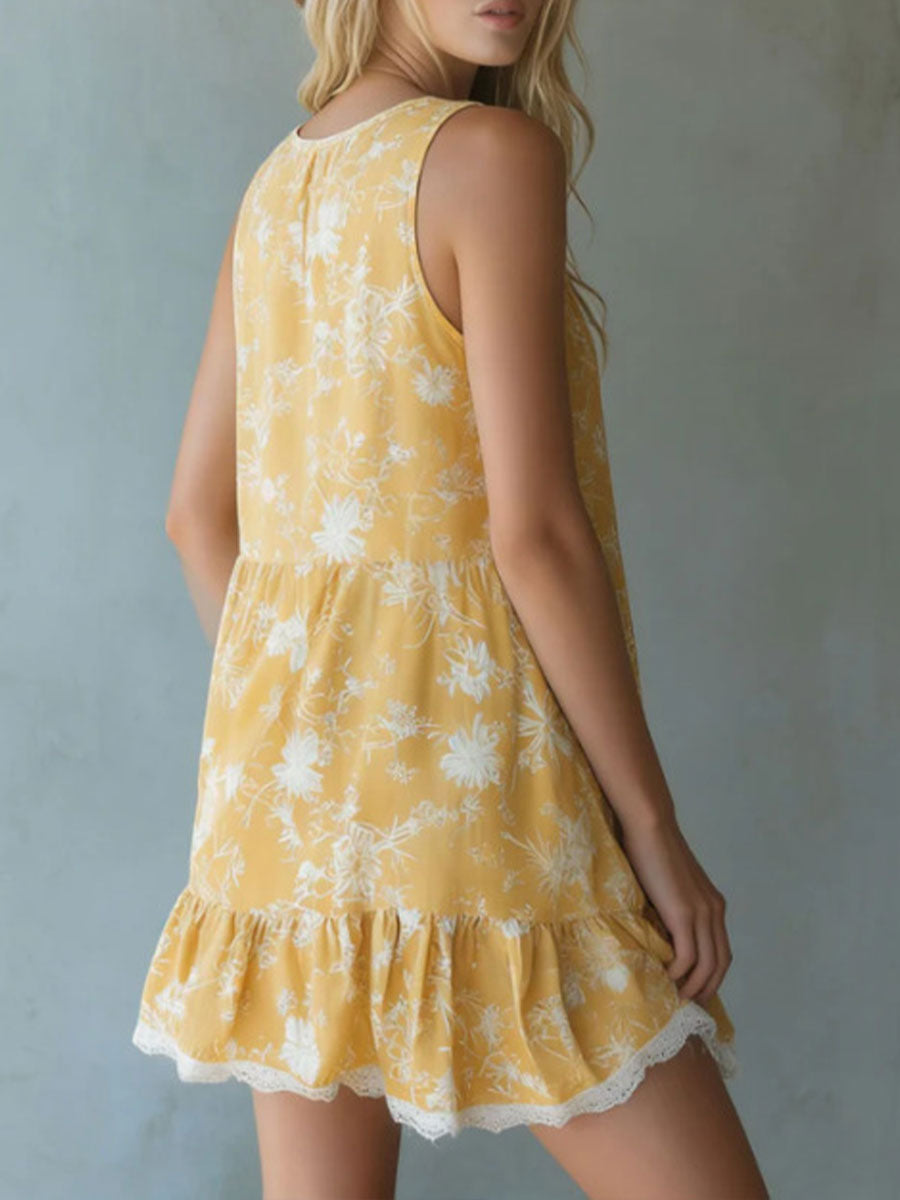 Women's Yellow Printed Silk-blend Sleeveless Mini Dress With Lace Trim And V-neck