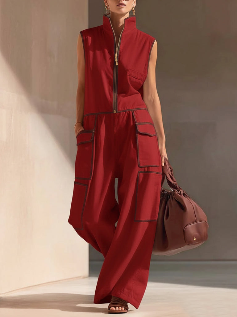 Casual Loose-fitting Color-blocked Workwear Jumpsuit