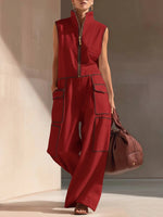 Casual Loose-fitting Color-blocked Workwear Jumpsuit