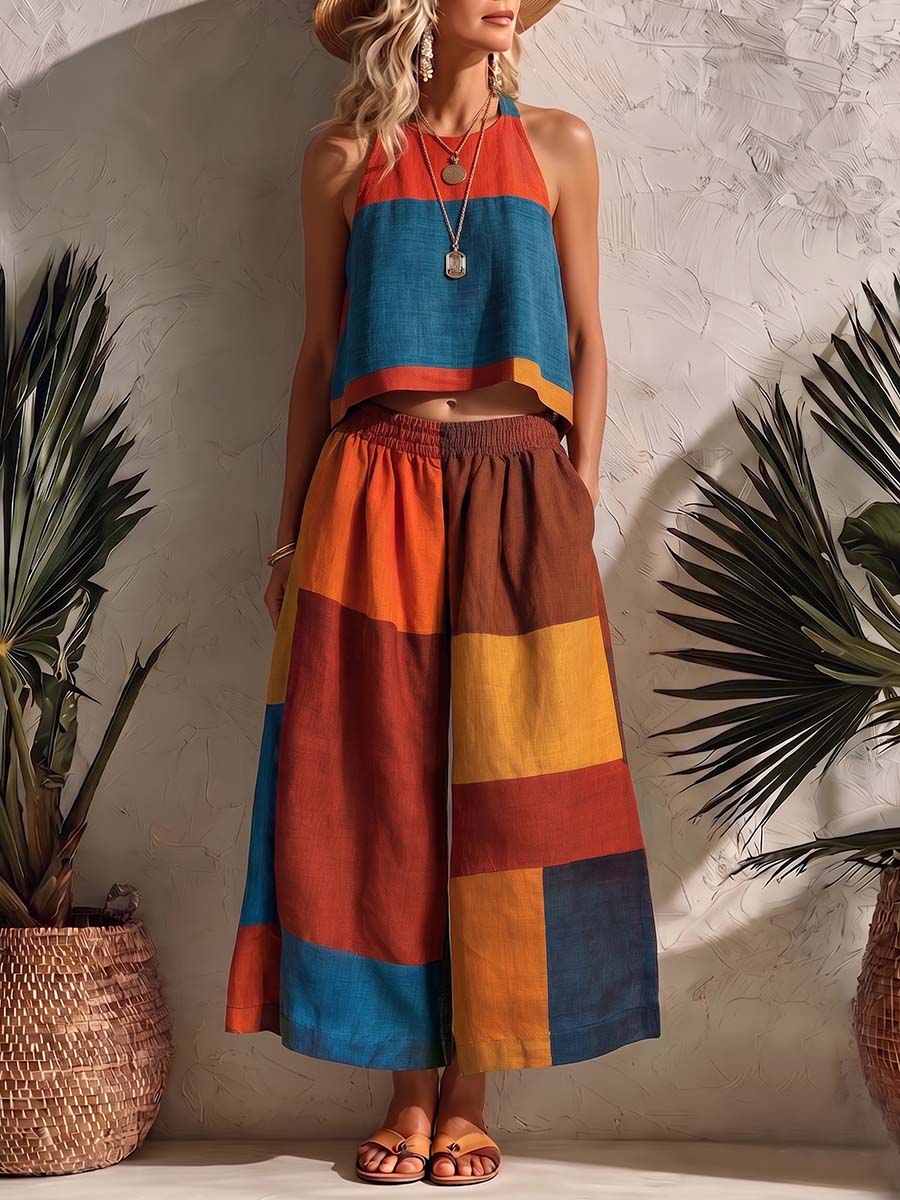Conjunto de mujer de algodón y lino con estampado geométrico: top holgado sin mangas de cuello redondo y pantalón ancho de talle alto.