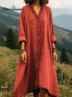 Vintage Casual Lace-trimmed V-neck Linen Dress