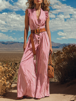 Striped Halter-Neck, Cold-Shoulder, Waist-Cinching, Wide-Leg Jumpsuit
