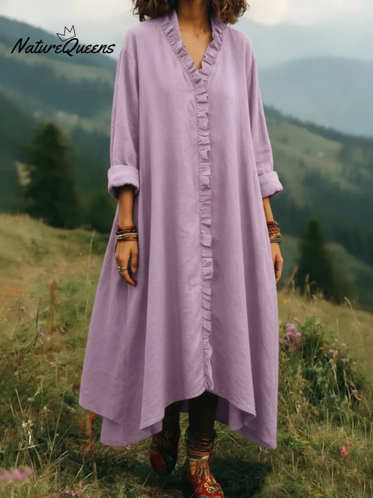 Vintage Casual Lace-trimmed V-neck Linen Dress