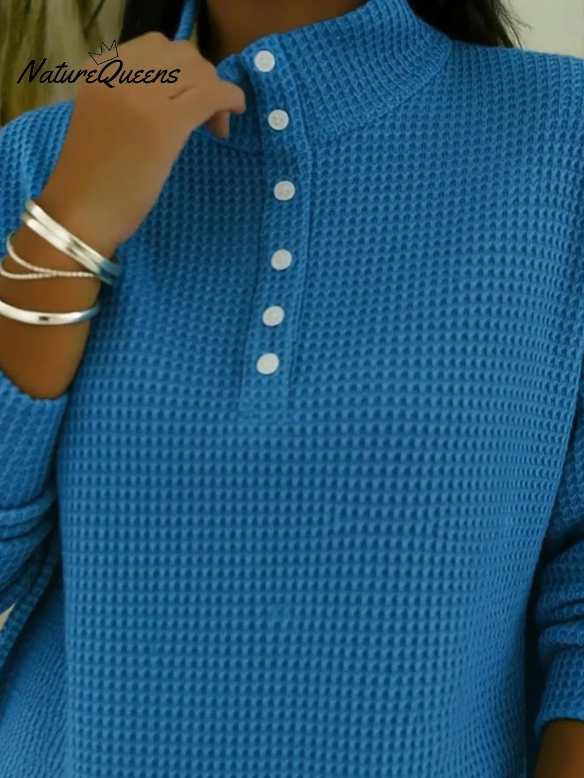 Casual Stand-collar Button-up Waffle-knit Sweatshirt