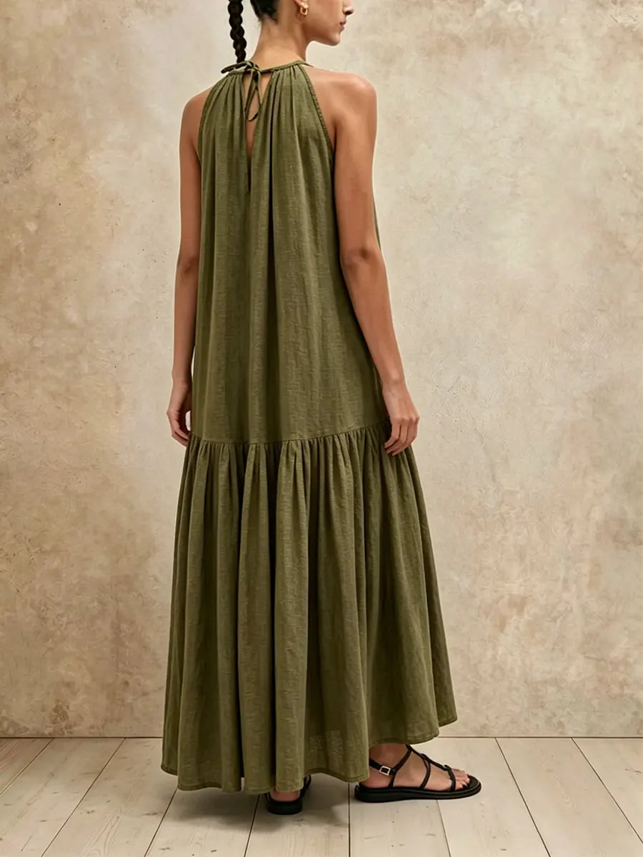 Vestido largo de verano de corte relajado con escote halter, vestido largo holgado sin mangas de mezcla de lino para vacaciones y uso diario.