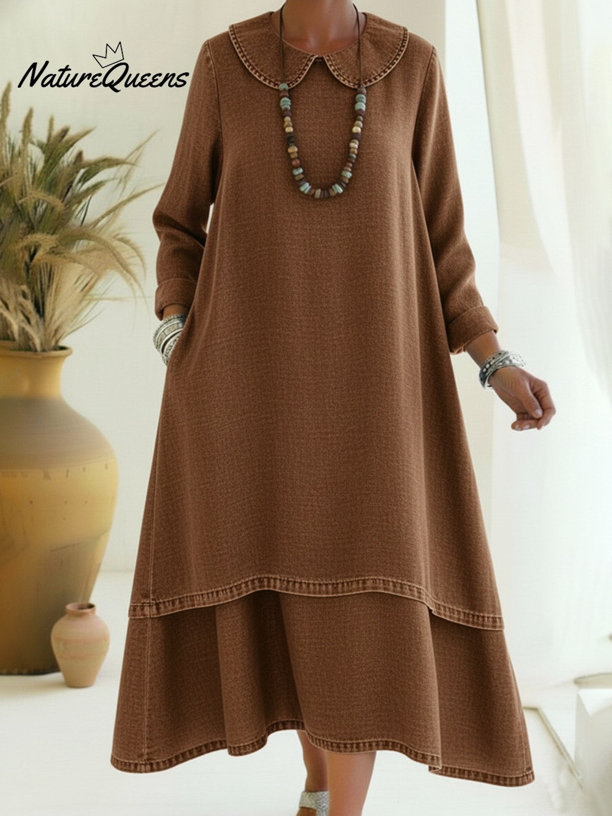 Vintage Peter Pan Collar Double-layered Hem Denim Dress