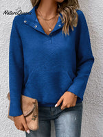 Women's Solid Color V-Neck Long Sleeve Casual Loose Sweatshirt