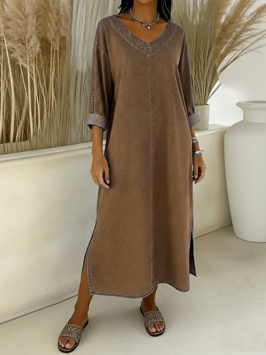 Women's New Spring Collection V-neck Long-sleeved Casual Loose Denim Dress With Side Slits.