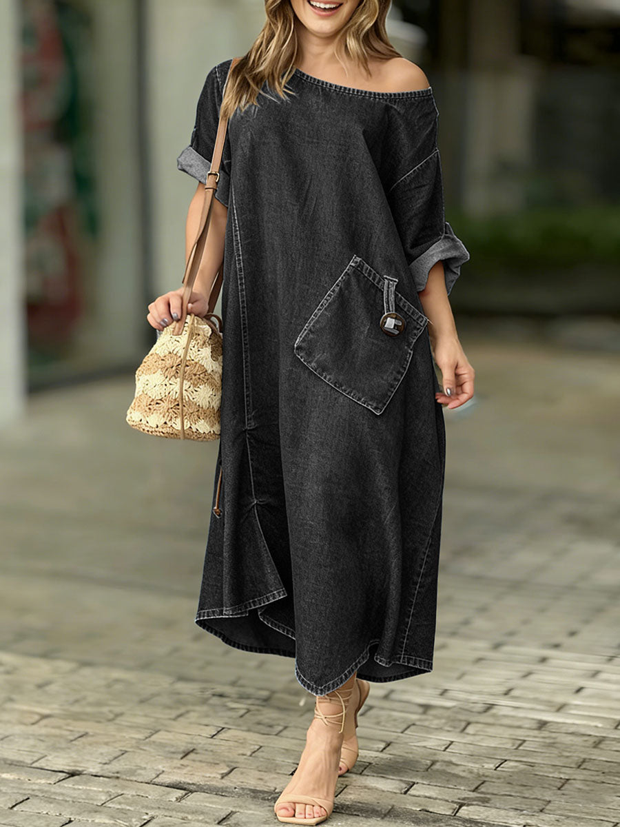 Women's Round Neck 3/4 Sleeve Casual Loose Denim Dress