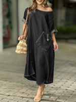 Women's Round Neck 3/4 Sleeve Casual Loose Denim Dress