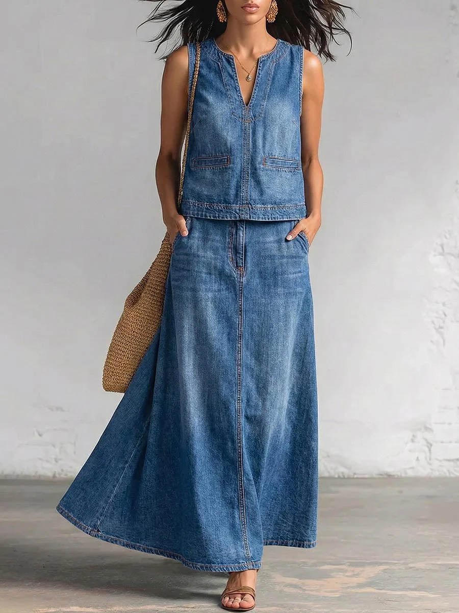 Women's Casual Denim Set: Loose-fit V-neck Sleeveless Top & High-waisted A-line Skirt