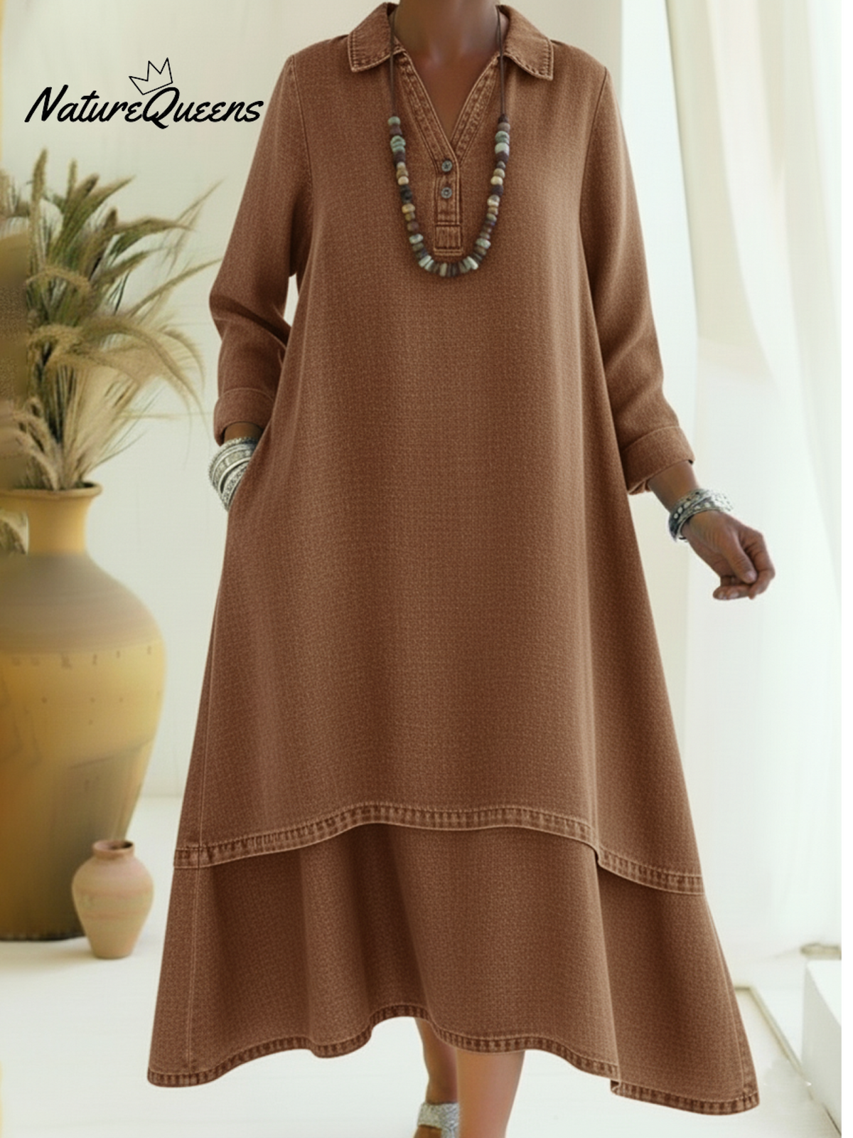 Casual Polo Collar Double-layered Hem Denim Dress