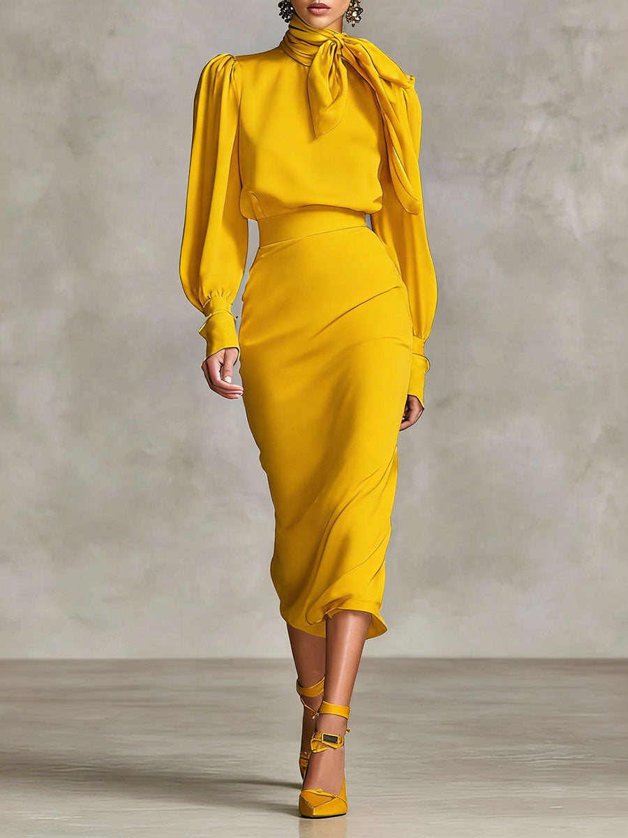 Women's Retro-style Tie-waist Long-sleeved Stand Collar Comfortable Minimalist Dress