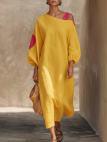 Casual Off-the-shoulder Color-block Loose Cotton Dress