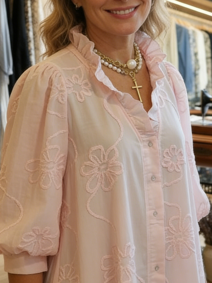 Casual Romantic Ruffled Collar Denim Shirt Dress