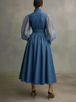Stylish Denim Dress With Organza Sleeves And Buttons