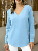 Women's Solid Color V-neck Long-sleeved Loose Casual Top