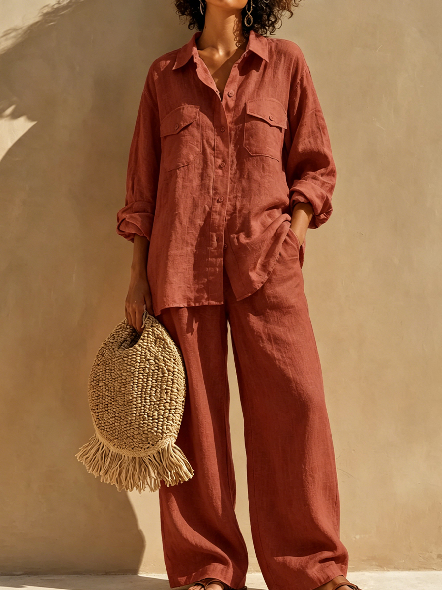 Two-piece Set Featuring A Loose-fit, Long-sleeved Cotton-linen Shirt With A Collar And Dual Patch Pockets, Paired With High-waisted Wide-leg Trousers.