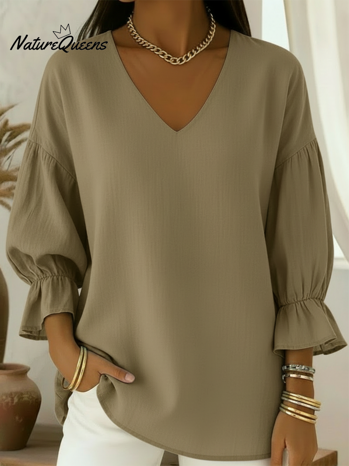 Elegant V-neck Lantern Sleeve Linen Shirt Top