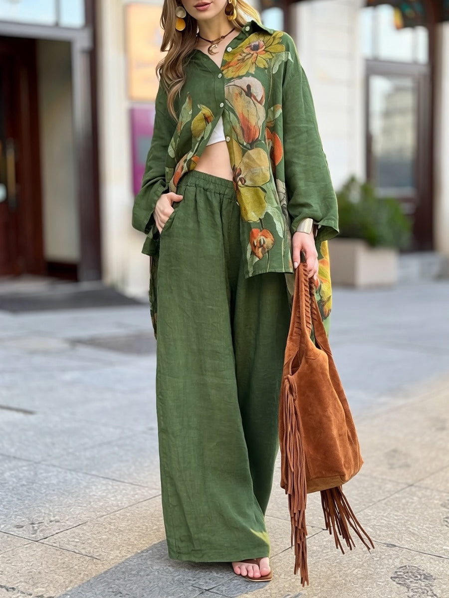 Two-piece Set Featuring A Loose, Casual Printed Linen-cotton Shirt And Solid-colored Trousers.
