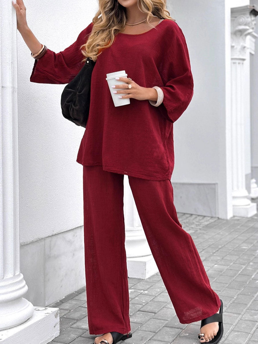 Stylish Cozy Shirt & Wide-leg Pants Linen Cotton Two-piece Set