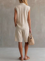 Women's Solid-color Cotton-linen Set: Collared Sleeveless Loose-fit Cardigan & High-waisted Wide-leg Shorts