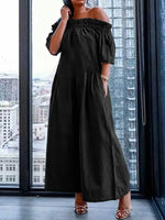 Women's Pleated Solid Color Split-joint Stretch Elastic Off-the-shoulder Jumpsuits