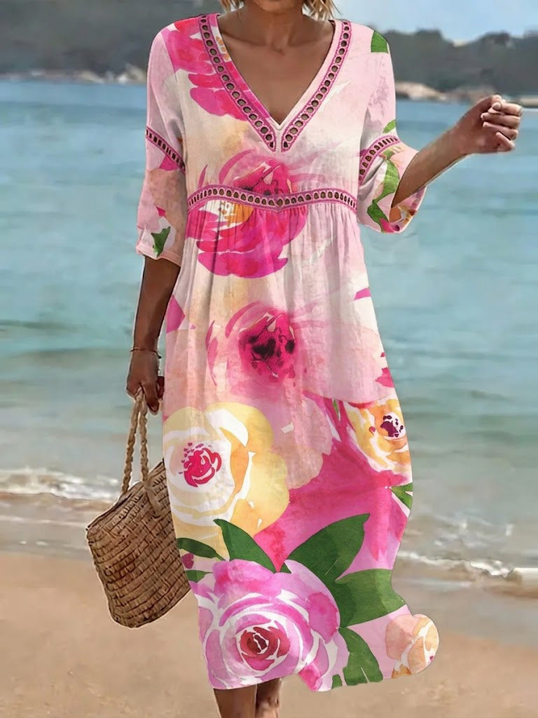 Women's Retro Color-block Floral Art Print Loose Cotton-linen Dress