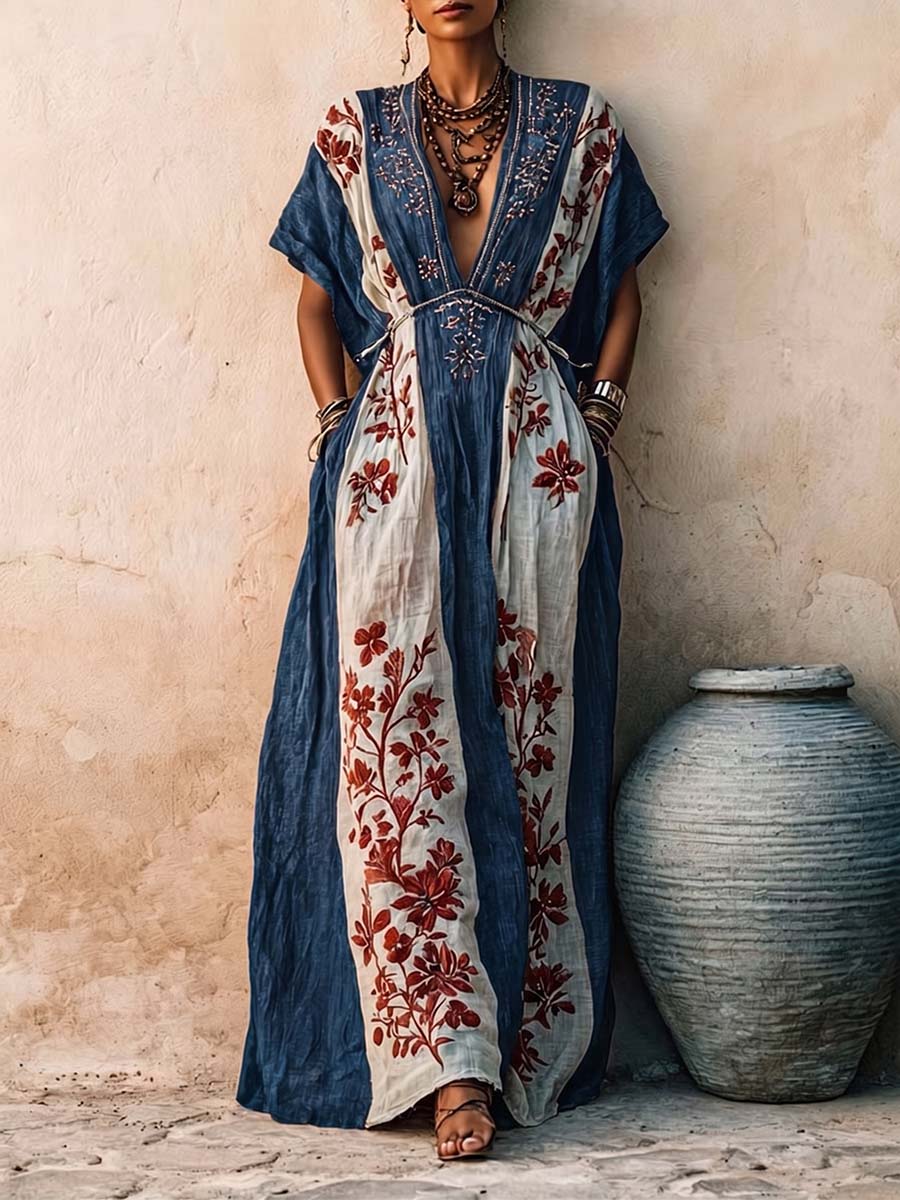 Women's Casual Loose Cotton-linen Dress With V-neck Short Sleeves And Placement Print