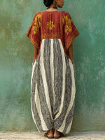 Women's Retro Floral Striped Pattern Art Print Casual Cotton Linen Dress