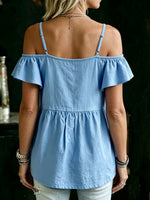 Women's Solid Color Cotton-linen Off-shoulder Short-sleeve V-neck Shirt