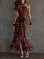 Stylish Leopard Print Halter Chiffon Dress