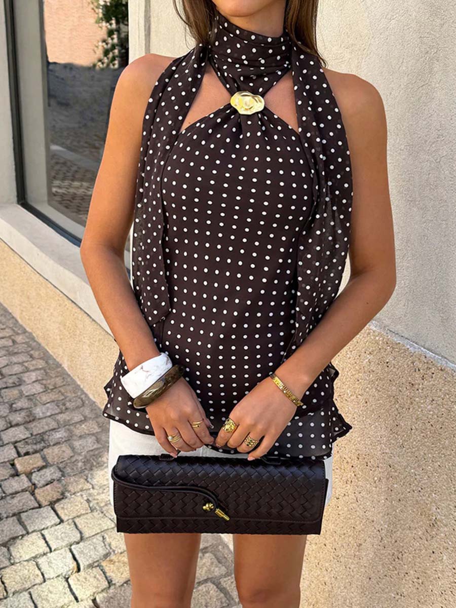 Women's Polka Dot Print Halter-neck Sleeveless Loose-fit Casual Chiffon Top