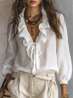 Women's Ruffled Art Casual Stylish Long Sleeve Cotton Linen Shirt