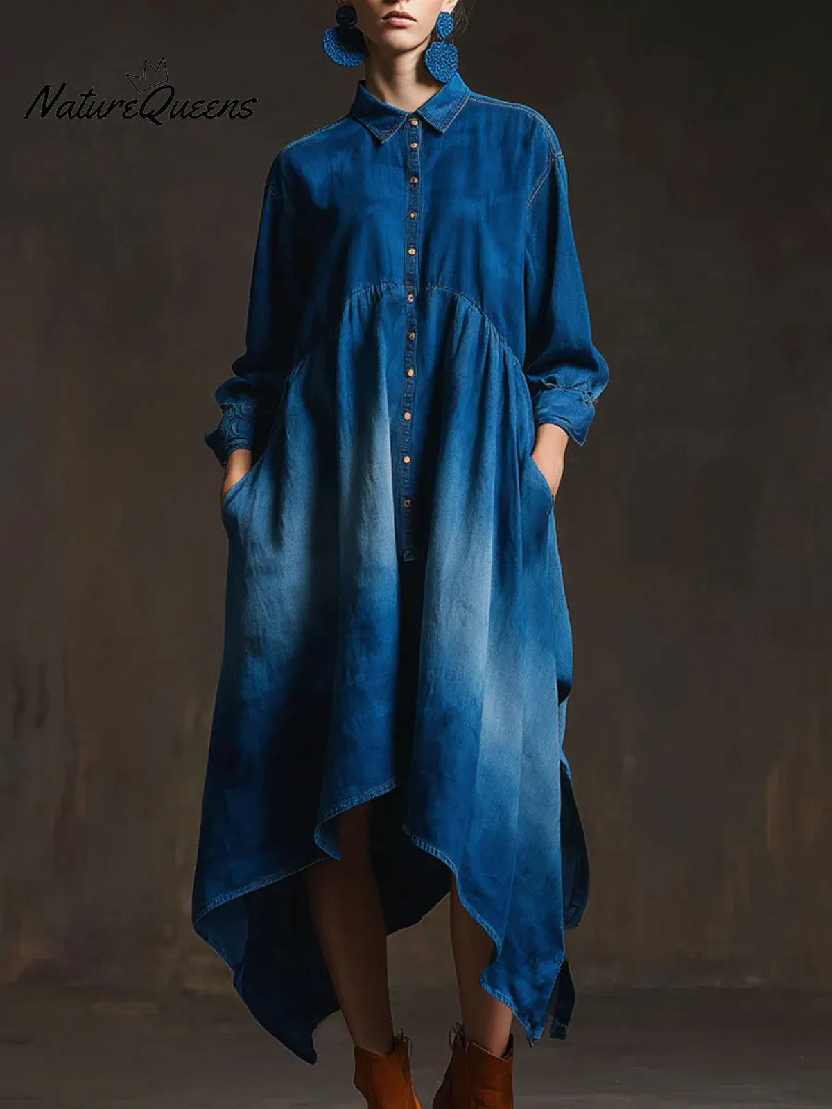 Women's Solid Color Shirt Collar Long-sleeved Casual Loose Cotton Dress