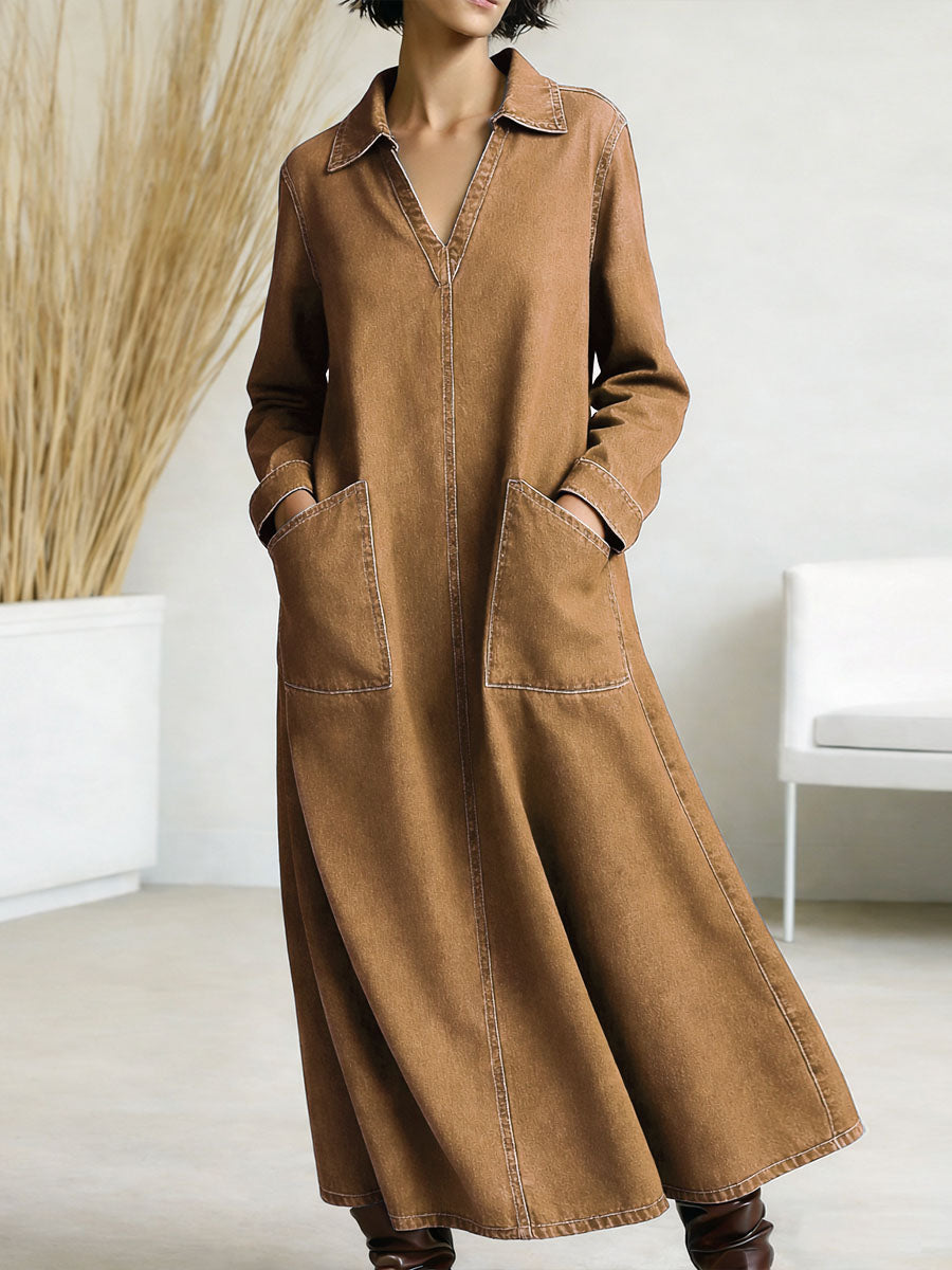 Women's New Spring Collection V-neck Long-sleeved Casual Loose Denim Dress With Pockets.