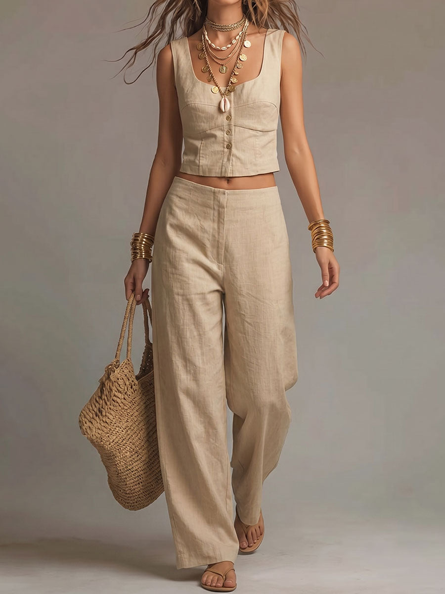 Conjunto de top corto sin mangas de algodón y lino con escote cuadrado y pantalón para mujer.