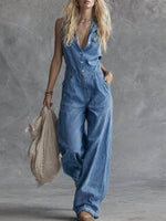 Women's Shirt Collar Sleeveless Casual Loose Denim Wide-leg Jumpsuit