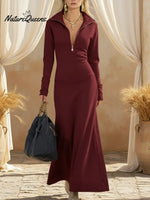 Casual Cozy Stand-up Collar Zip-up Stretch Maxi Dress
