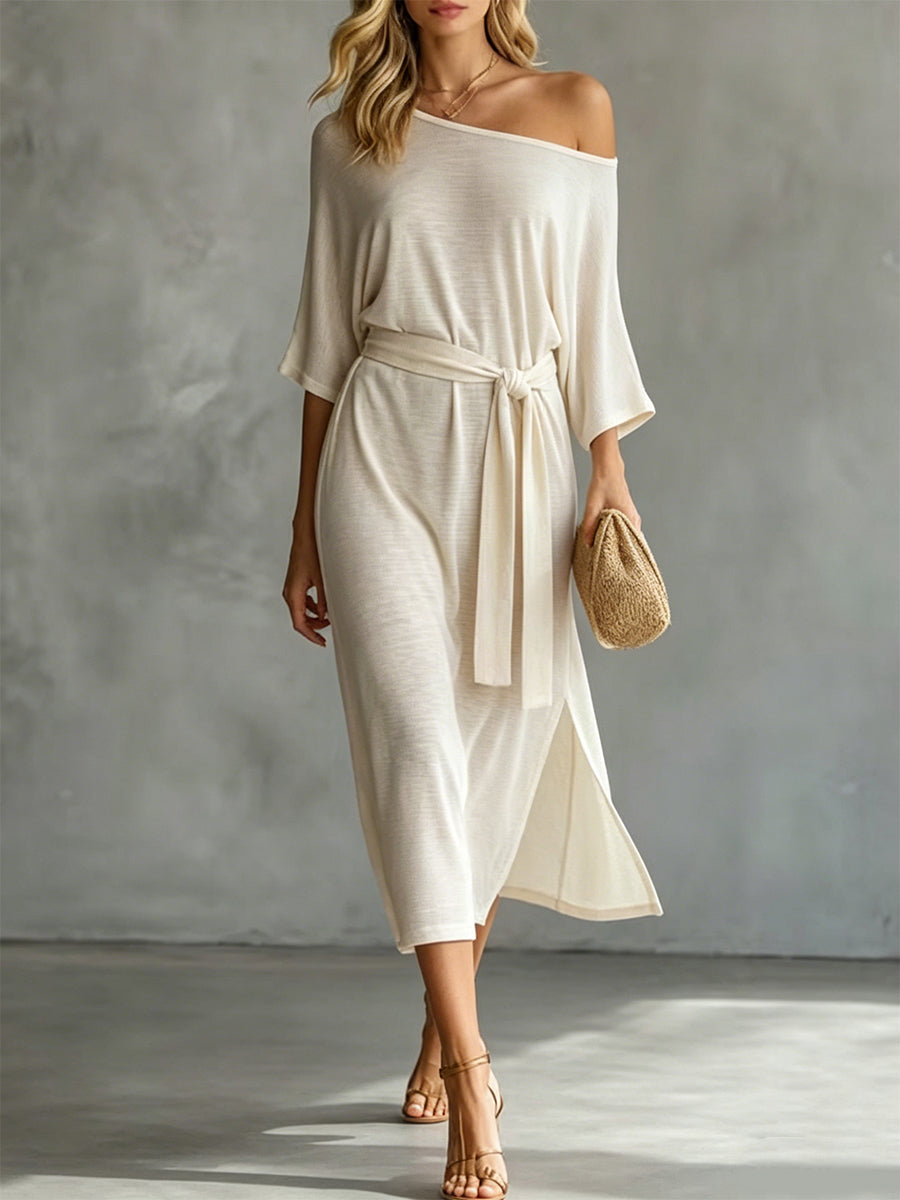 Women's One-shoulder 3/4-sleeve Side Slit And Tie Detail Dress