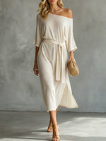 Women's One-shoulder 3/4-sleeve Side Slit And Tie Detail Dress