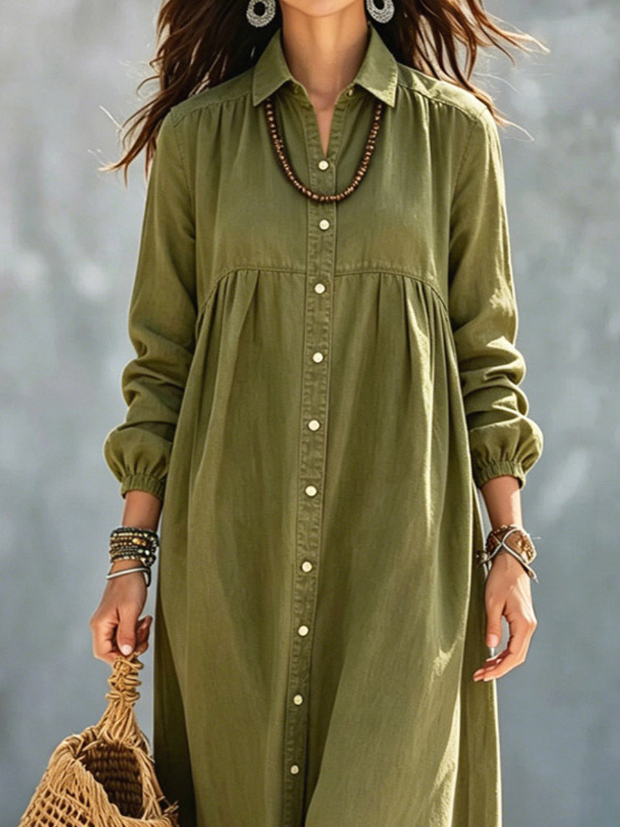 Women's Solid Color Art Casual Long Sleeve Cotton Linen Maxi Dress