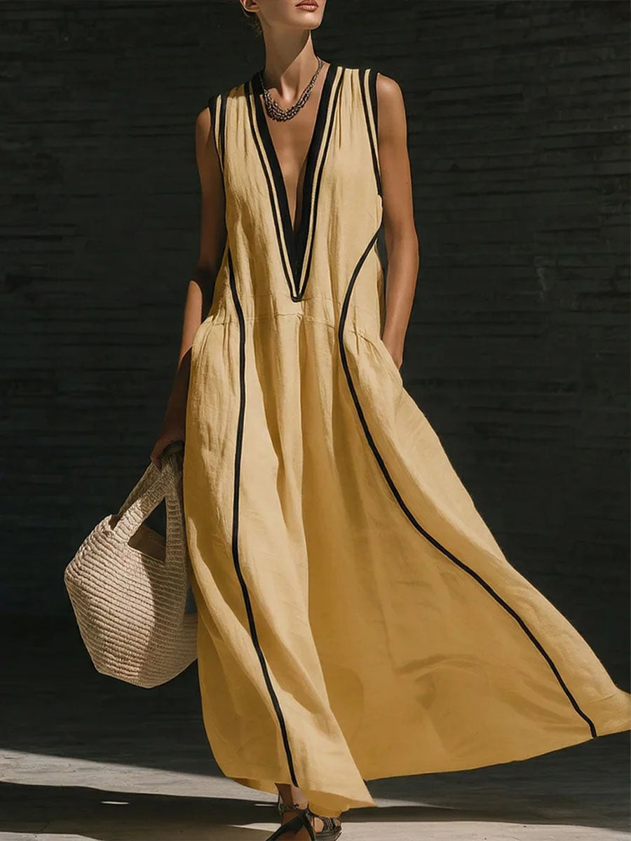 Women's V-neck Sleeveless Casual Loose Cotton-linen Dress