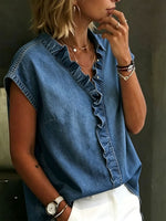 Women's V-neck Solid-color Casual Denim-cotton Sleeveless Shirt