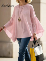 Women's Solid Color Round Neck Batwing Sleeve Casual Loose-fitting Cotton And Linen Top.