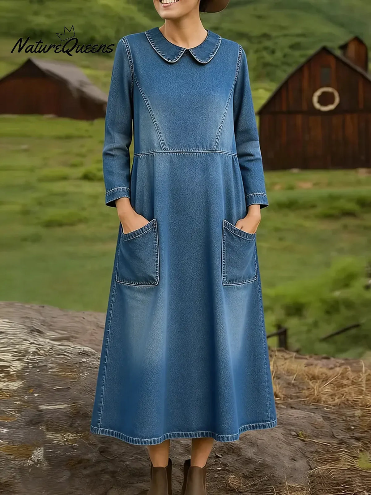 Women's Spring Peter Pan Collar Long-sleeved Casual Loose Denim Dress