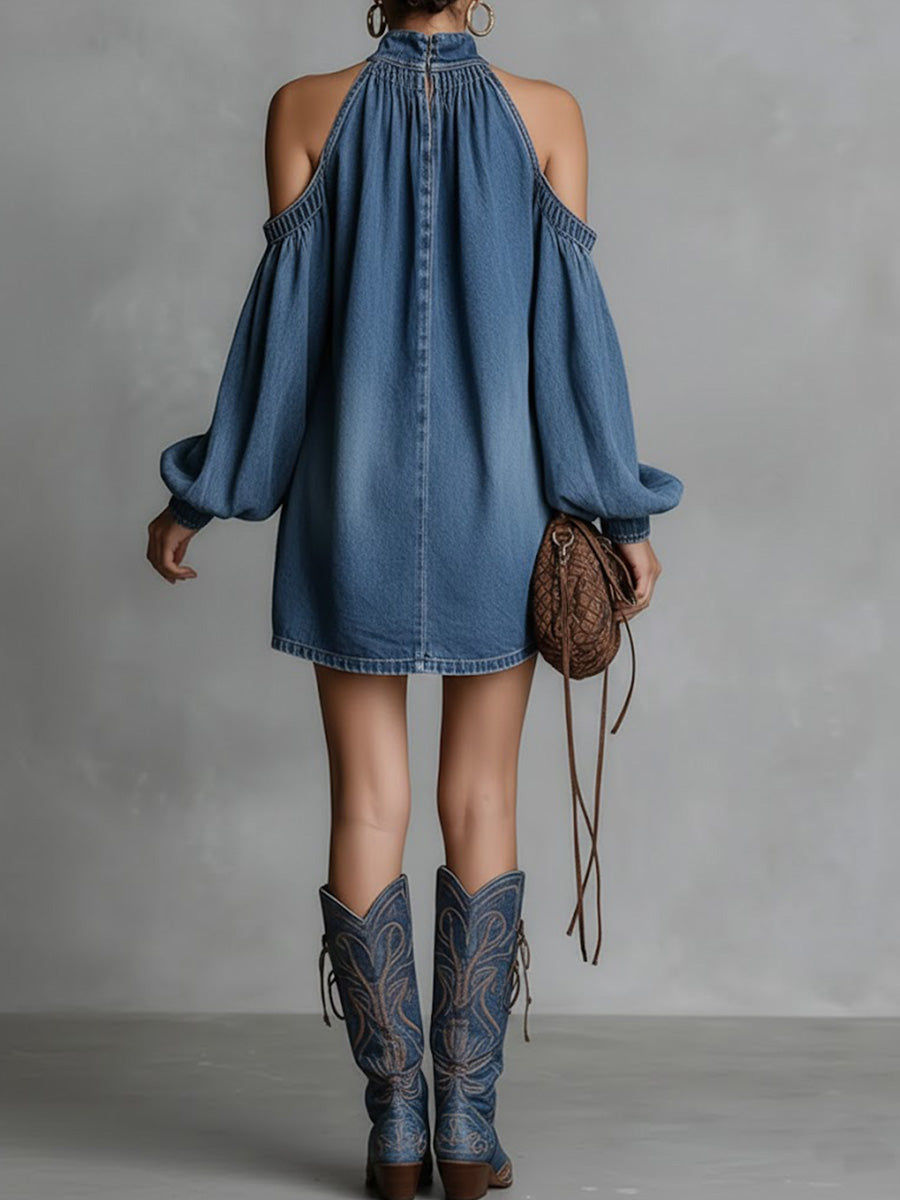 Women's Stand-collar Long-sleeved Casual Loose Denim Dress