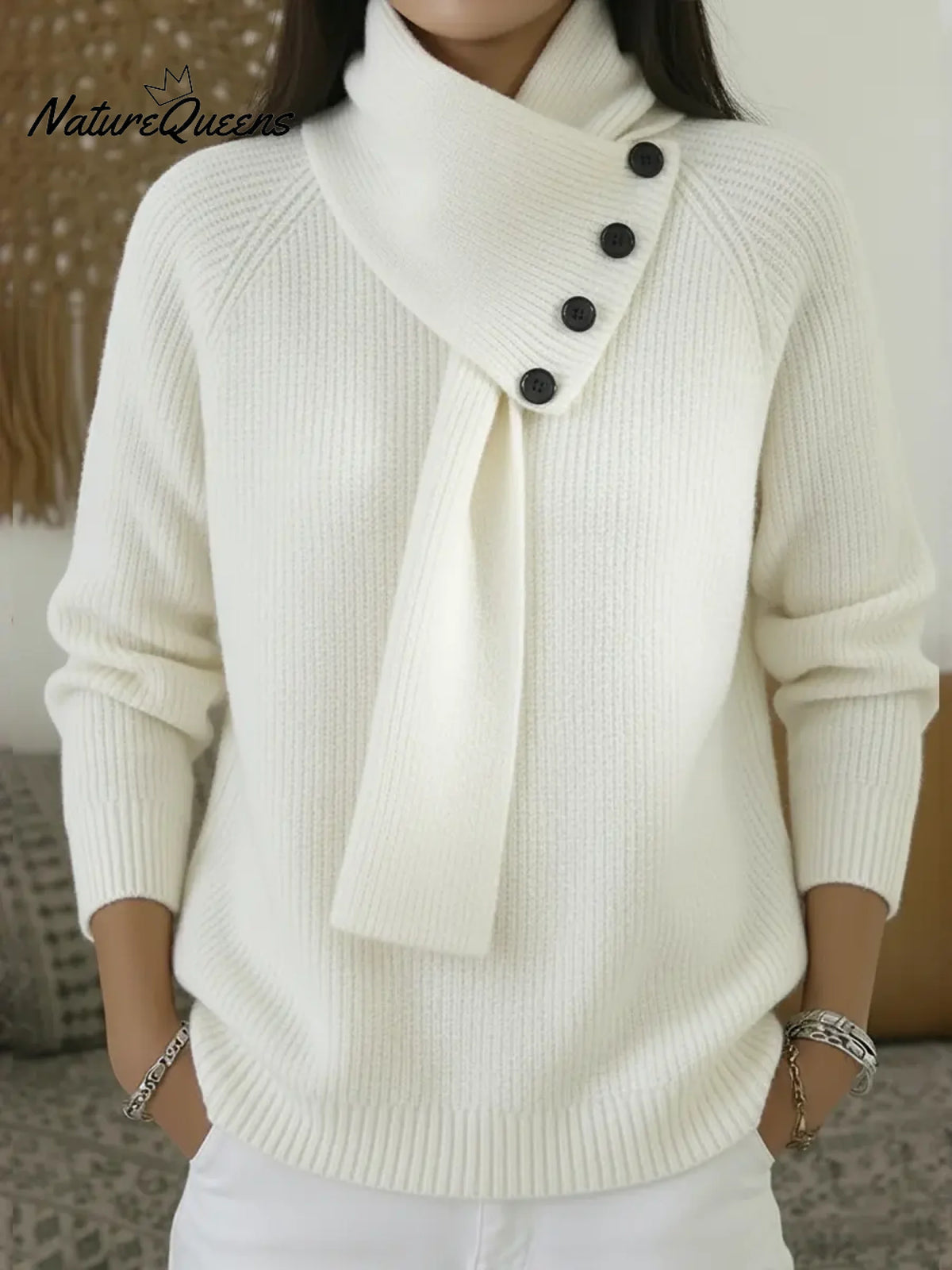 Women's Comfortable Pullover Sweater With Detachable Scarf.