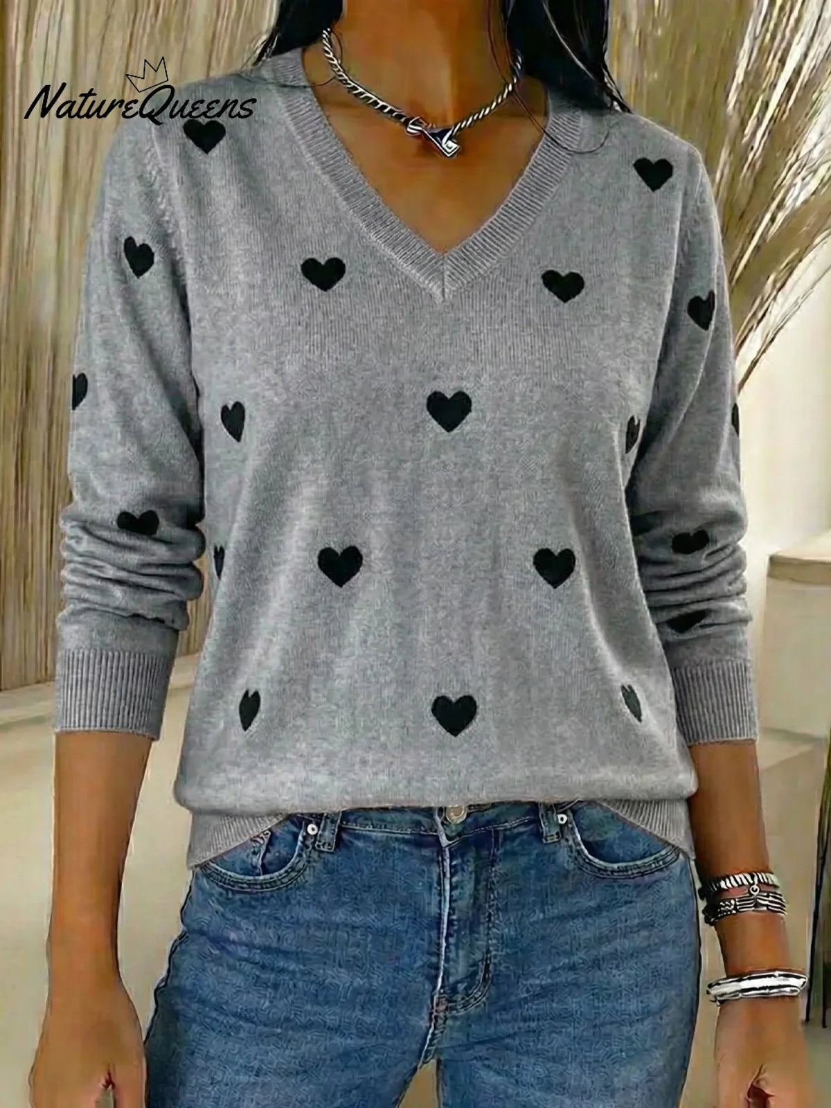 Women's Valentine's Day Heart Jacquard V-neck Long-sleeved Knit Sweater