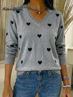 Women's Valentine's Day Heart Jacquard V-neck Long-sleeved Knit Sweater